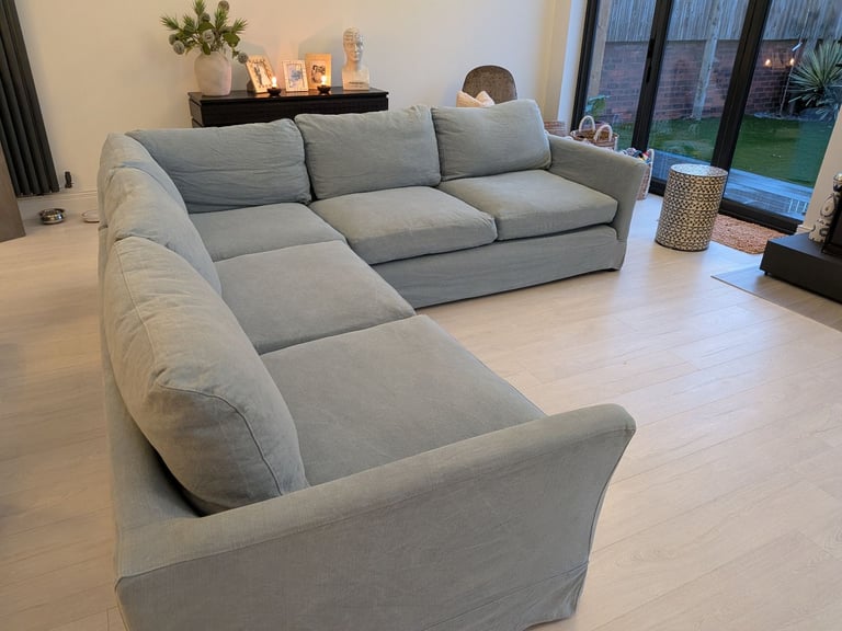 ONO..Stunning superior corner sofa, light blue quality feather filled and foam sofa