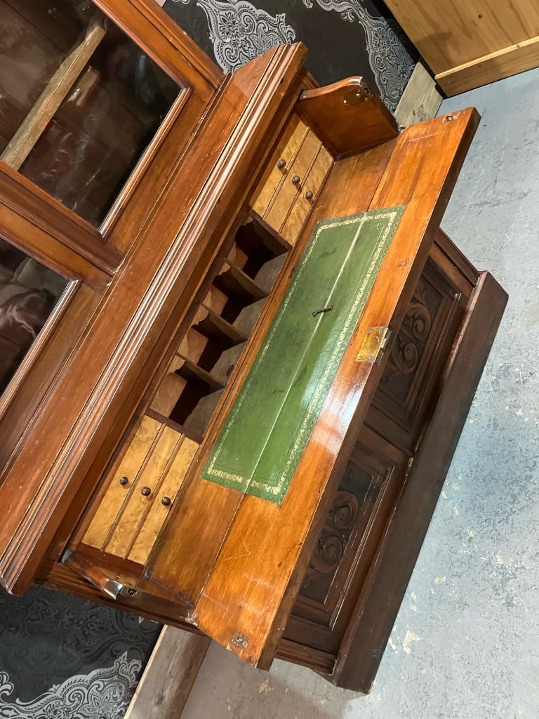 Stunning Handsome Vintage HUGE Oak Bookcase Secretaire Desk Cabinet with Glass Doors- Delivery