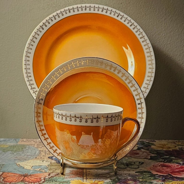 Vintage "Victoria China" Lustre Orange Tea Cups, Saucers & Cake Plates - Set of 5