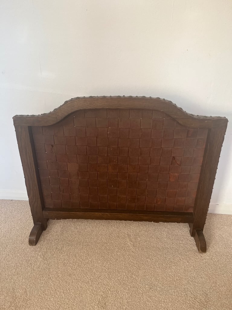 Arts and Crafts Oak and Woven Studded Leather Fire Screen. 