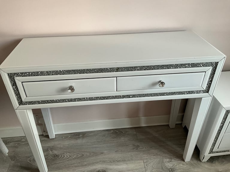 Dressing table and Bedside table with diamanté inlay white gloss