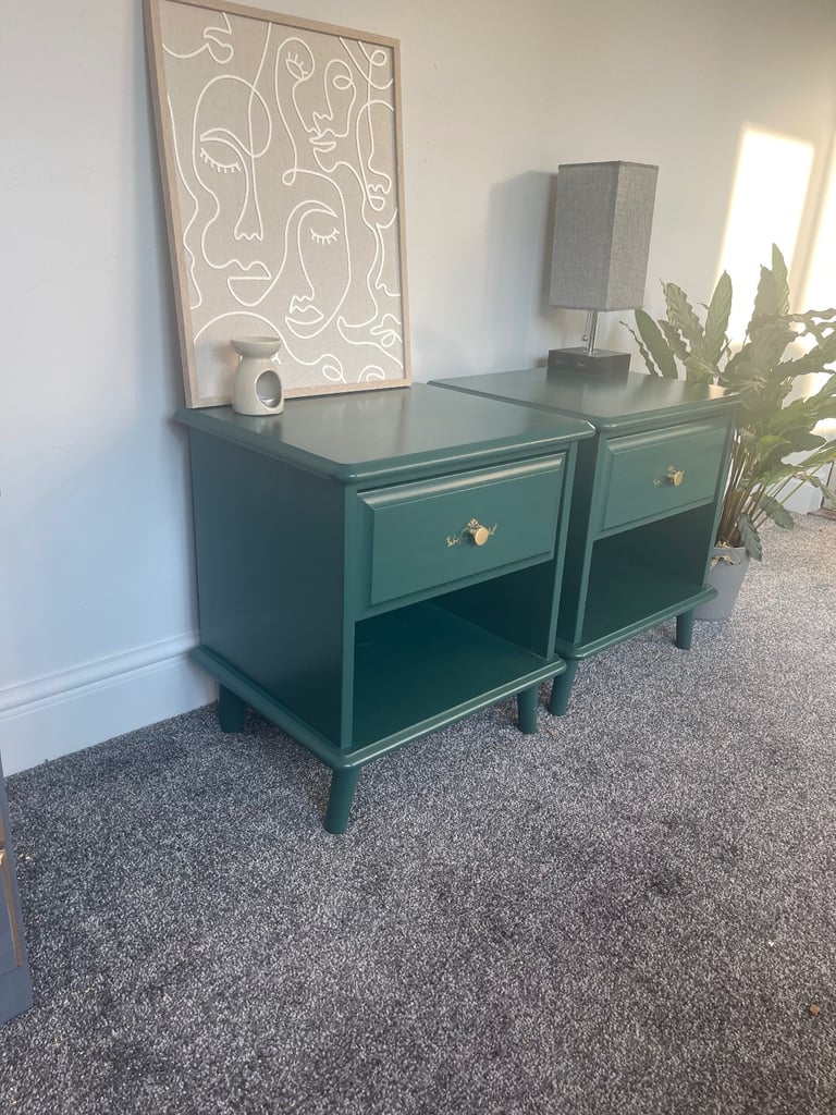Emerald green bedside tables gold detail and knobs