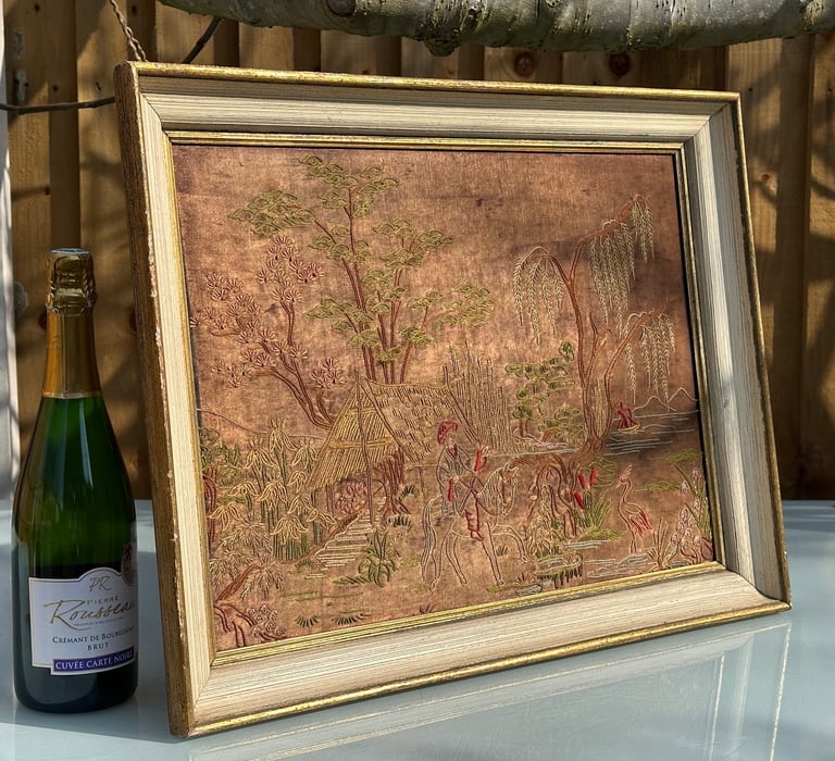 ANTIQUE FRAMED CHINESE SILK EMBROIDERY TAPESTRY PICTURE, 78x45cm - 1900s - WILL POST!