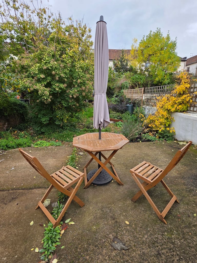 image for Wooden Garden Table & 4 Chairs + Parasol & Base – £120 (Bristol)