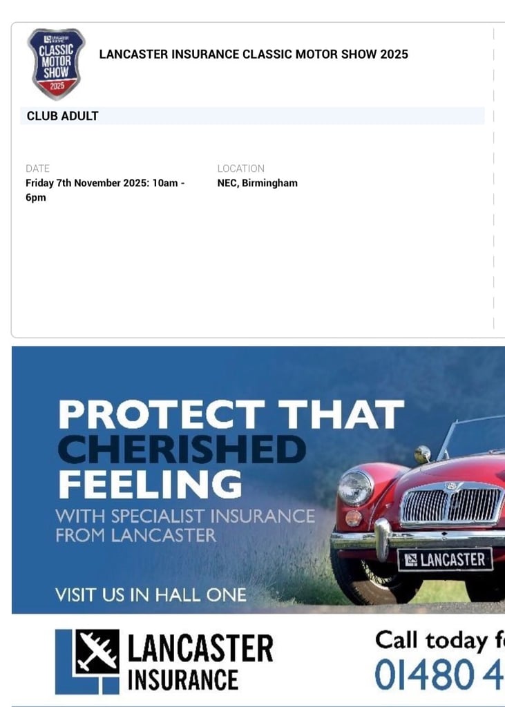 LANCASTER INSURANCE CLASSIC MOTOR SHOW 2025 at the NEC - Ticket x 1