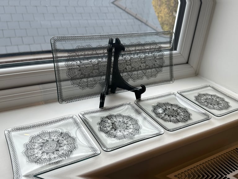 Vintage Chance Bothers Black Glass Rectangular Dish with 'Lace' Design Early 1950s