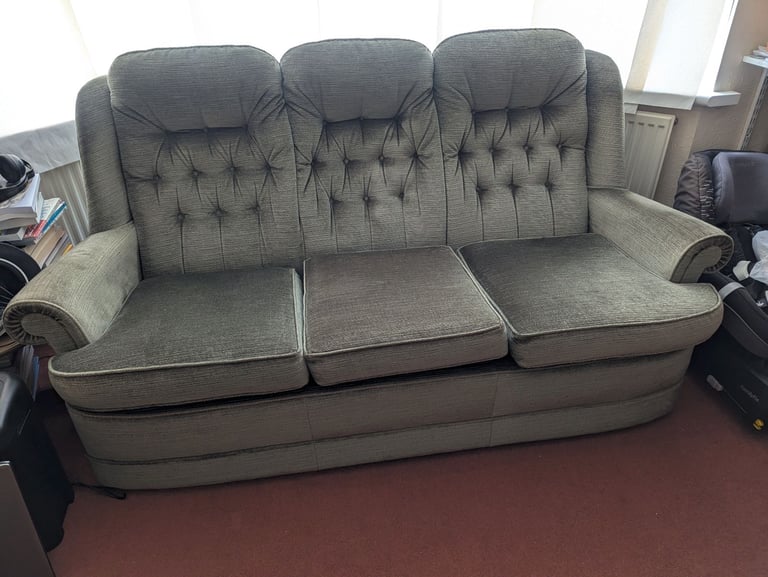 Very comfortable Wade Upholstery 3-seater sofa, armchair, and footstool with storage