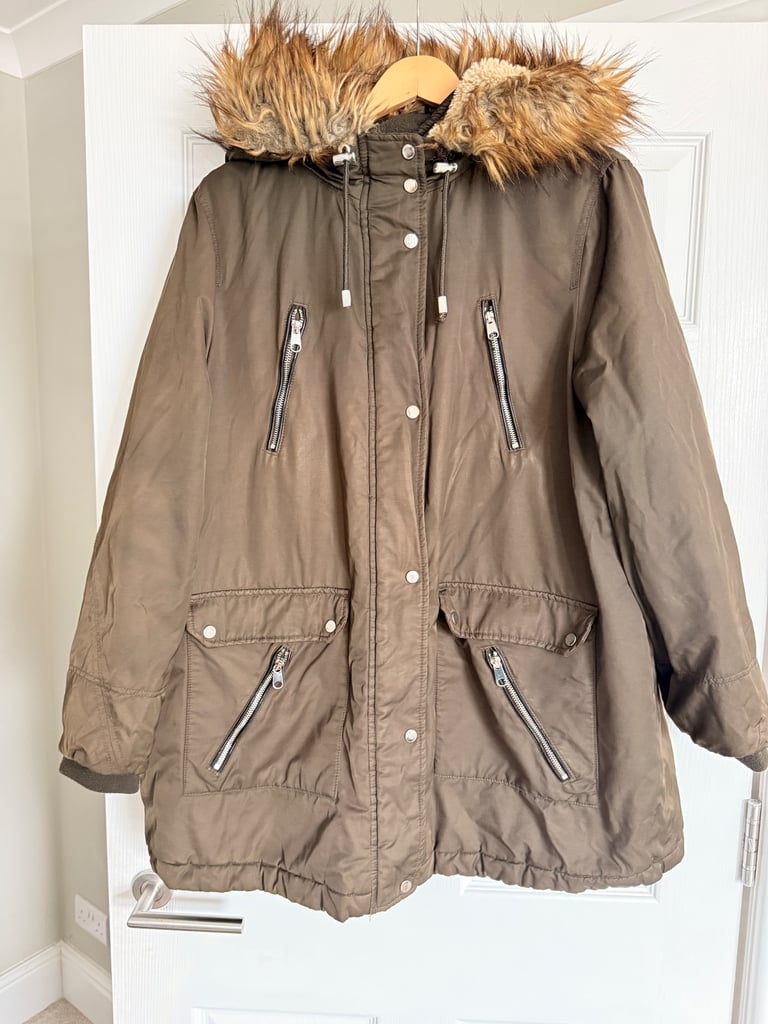 image for F&F - Olive Green Parka Coat with Faux Fur Hood - Size UK 22
