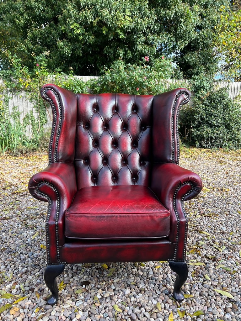 Beautiful Chesterfield Oxblood Leather Queen Anne Chair