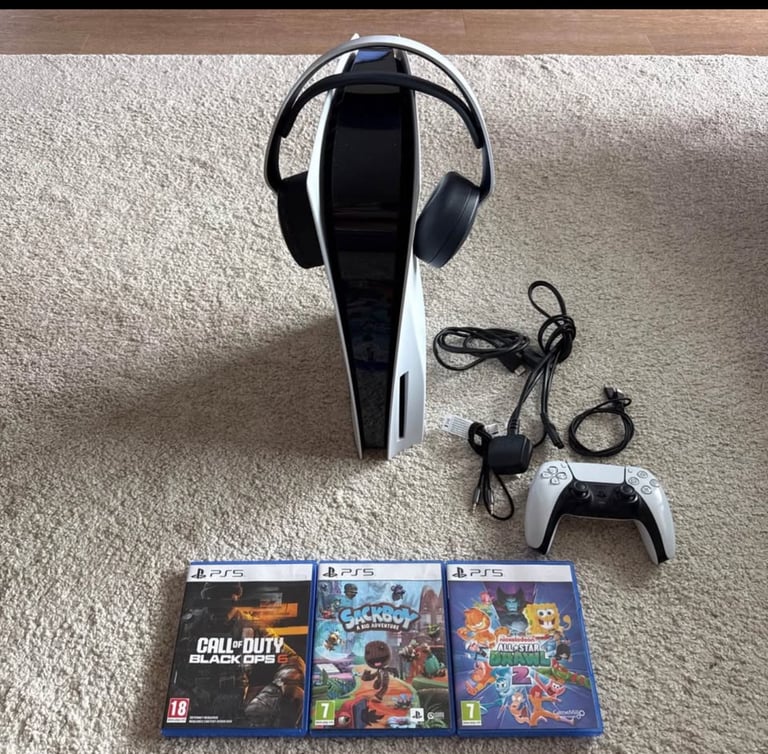 image for Sony PlayStation 5- Disc Edition Console, Ps5 Head Phones and 3 Games 