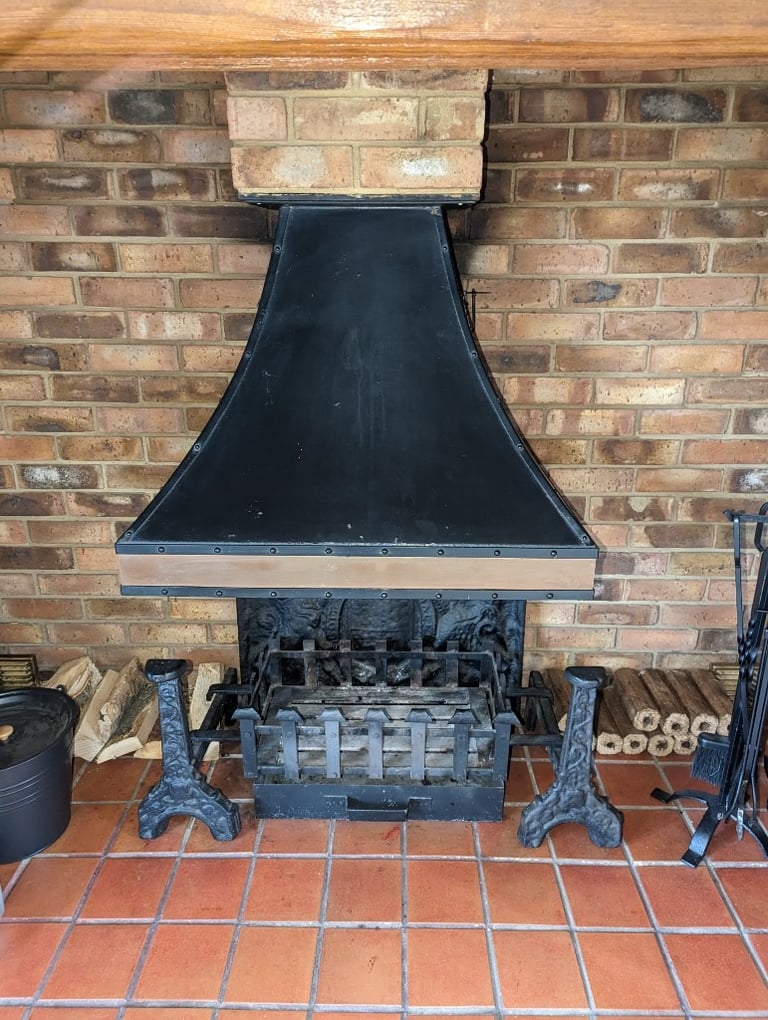 Cast iron open fire with dogs, grate, hood and back plate