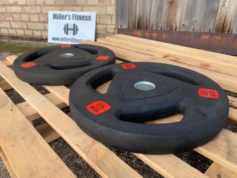 (Pending) 2 x 25kg Tri-Grip Olympic Rubber Weights (#1076)