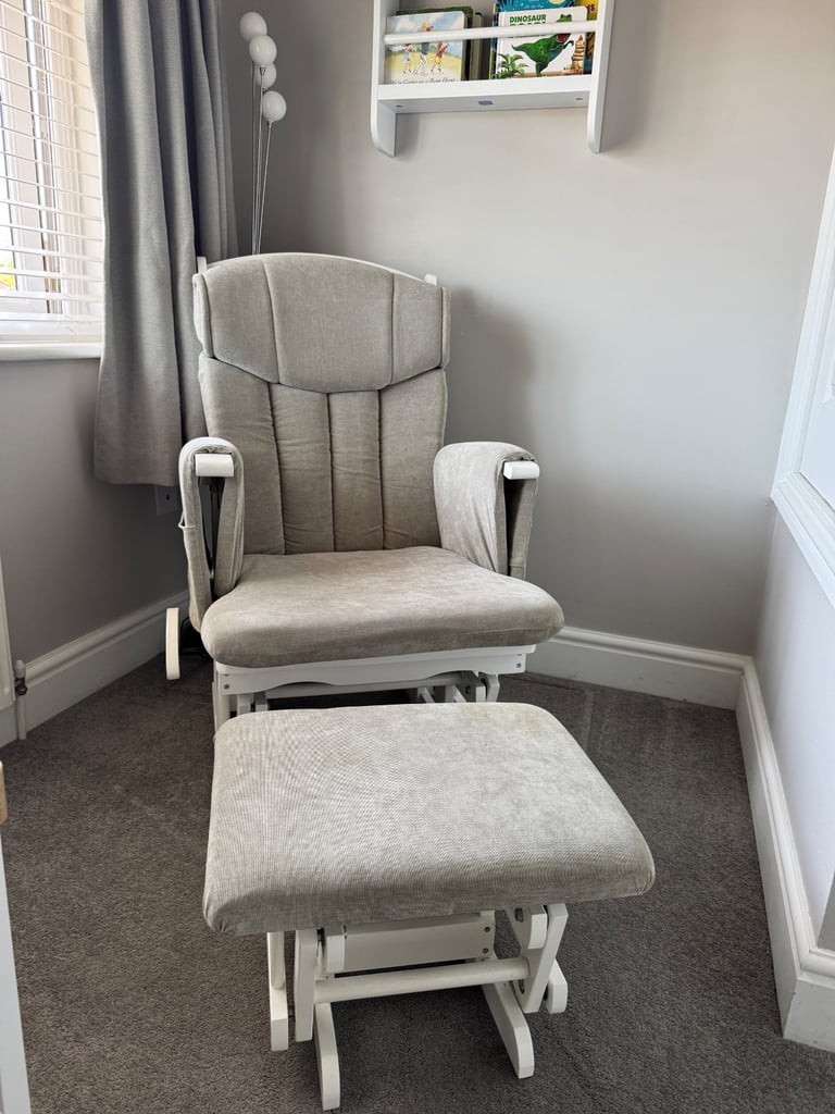 KUB - CHATSWORTH GLIDER NURSING CHAIR & STOOL (White wood with Grey upholstery)