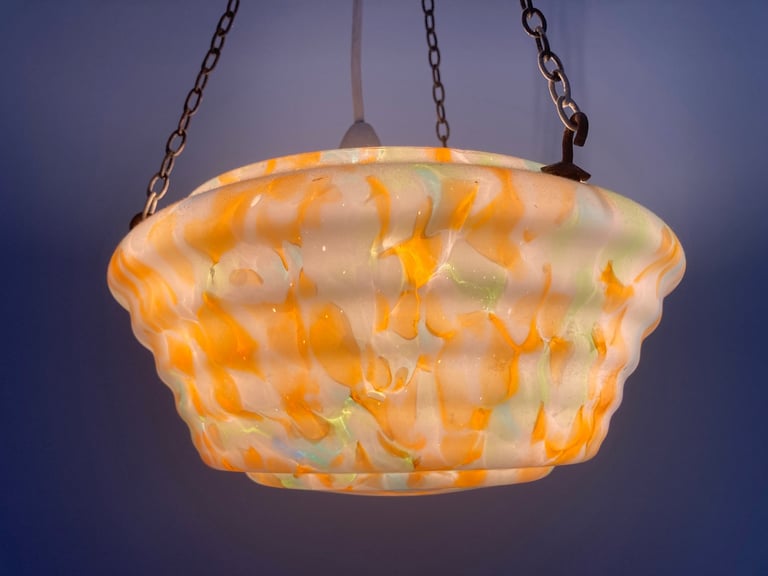 Vintage 1930s Orange, Green & White Marbled Flycatcher / Plafonnier Glass Lamp Shade