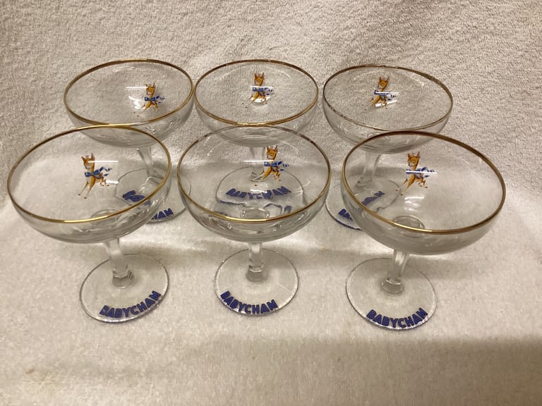 image for Vintage seven Babycham glasses and one toy baby deer
