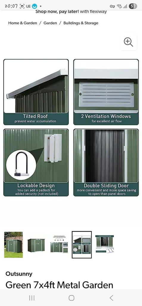Green 7x4 metal shed