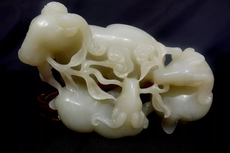 Antique Large & Heavy Chinese Hetain White/G Jade Carved Group "3 Rams" 19th C