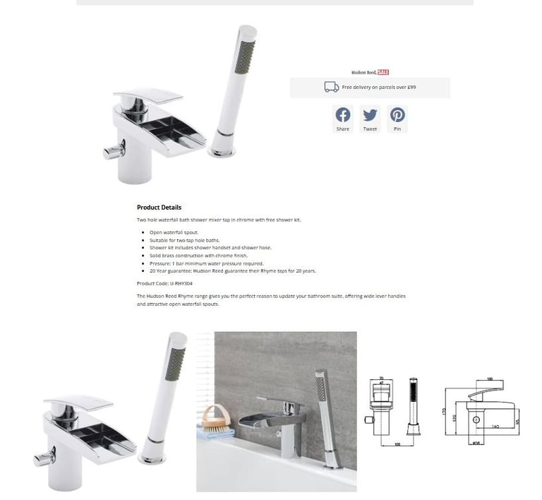 bath taps, hudson reed, rhyme, one hole bath mixer tap with shower.