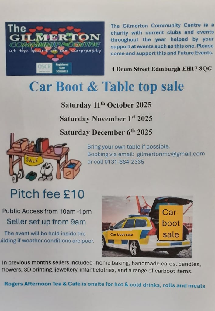 image for Car Boot Gilmerton Community Centre Saturday 11th Oct 2025