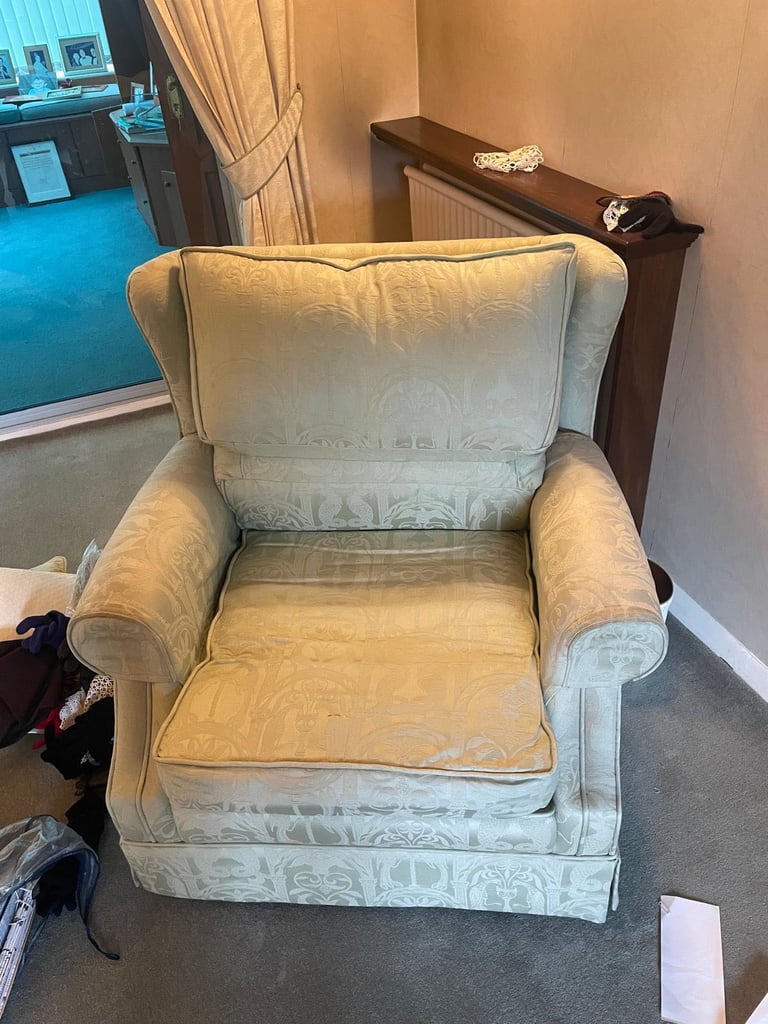 Three seat sofa, two armchairs and one footstool