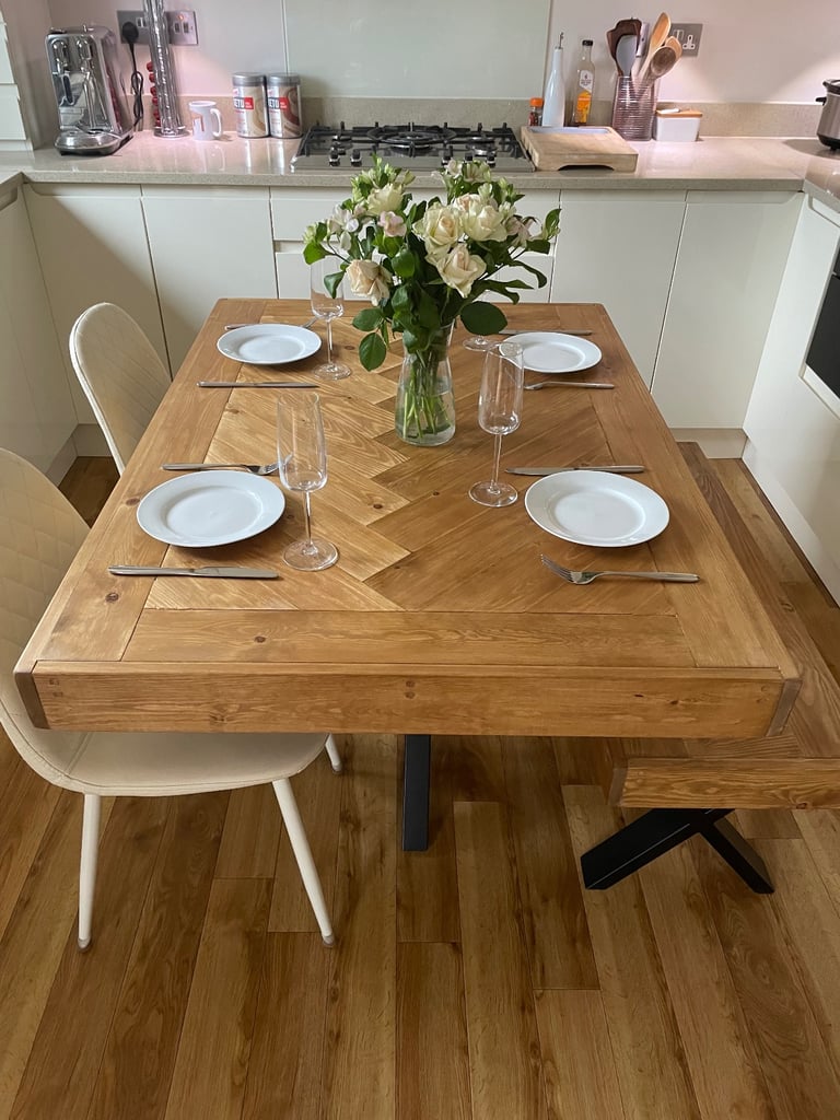 Herringbone Design Dining Table with Bench