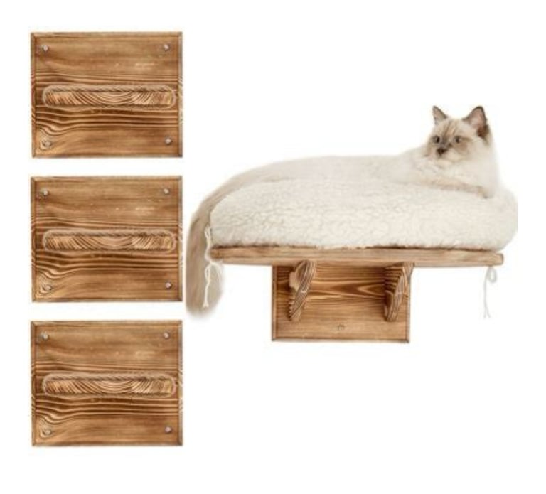 NOVECRAFTO Wall Mounted Cat Steps with Bed - Cat Stepper Shelf - Wooden Cat Furniture