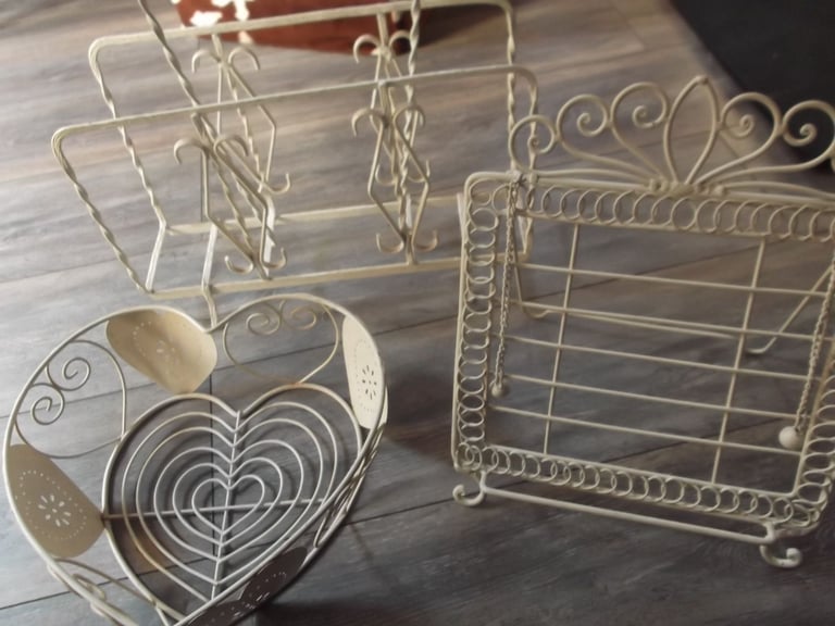 image for Wrought Iron Book Stand Magazine Rack & Heart Basket LOT