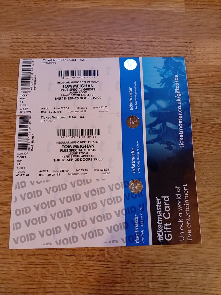 2 x TOM MEIGHAN Gig Edinburgh Liquid Rooms THU 18TH Sept 2025