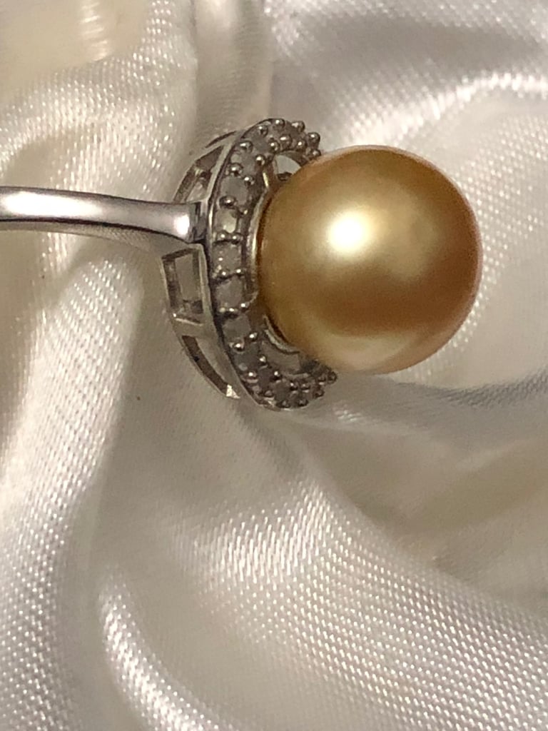 Golden South Sea Pearl Diamond ring Size N silver 925 platinum overlay New