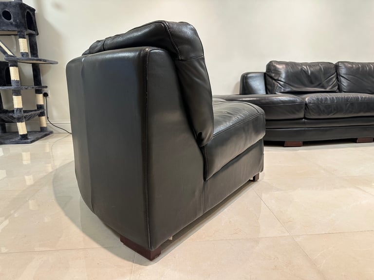 BLACK LEATHER SOFAS + FOOTSTOOL
