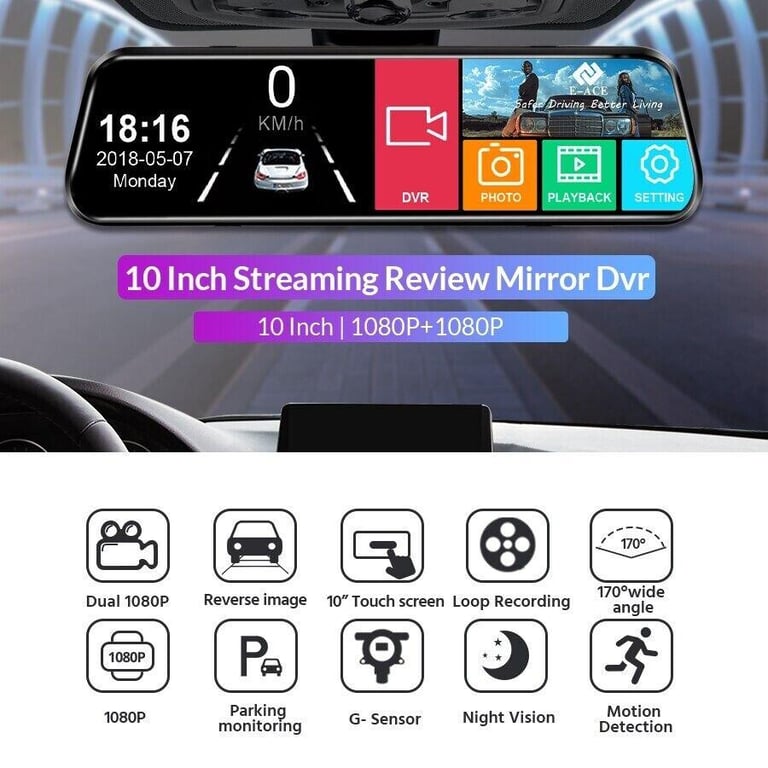 10 Inches Car Dash Cam HD 1080P Dual Lens Touch Screen Front Rear