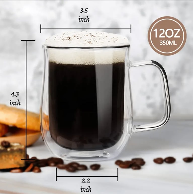 Swanfort 4 Pack Double Walled Glass Coffee/ Tea Mugs Set with Spoons (125ml) NEW