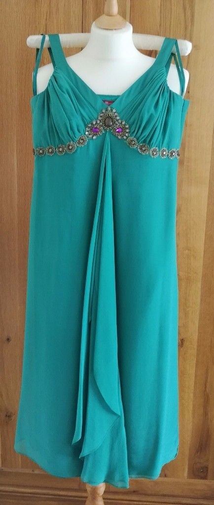 image for MONSOON DRESS Pure Silk 100% Boho Jade Turquoise Green Gold Bead Design Size 10 Wedding