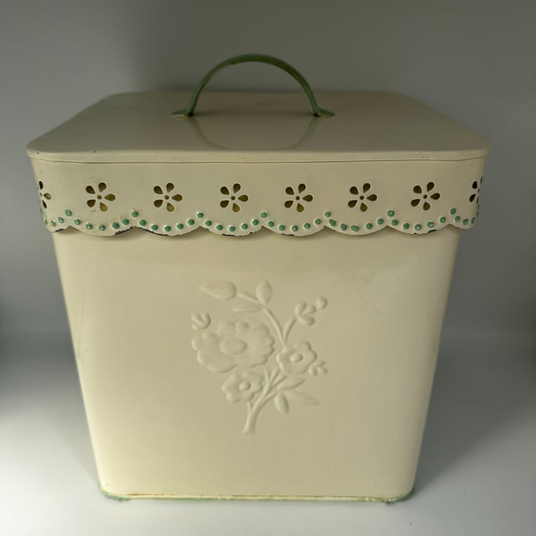 image for Retro Food Storage Tin Container Cream Painted Embossed Flower Metal Box & Lid