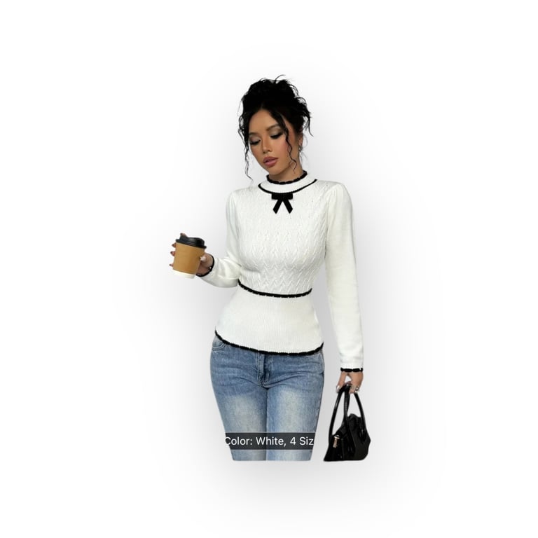 Women's White Slim Fit Long Sleeve Sweater with Black & White Striped