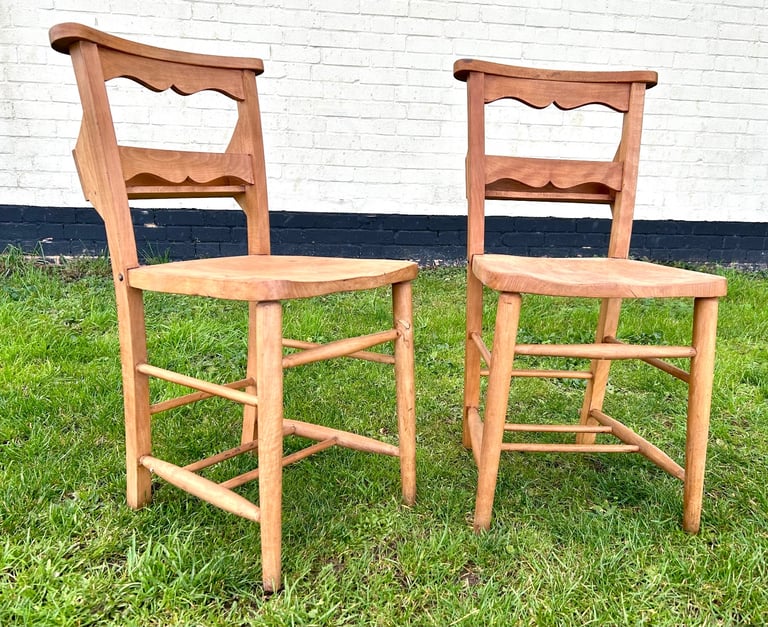 Pair of antique chapel church chairs vintage industrial retro kitchen oak dining old wooden wedding