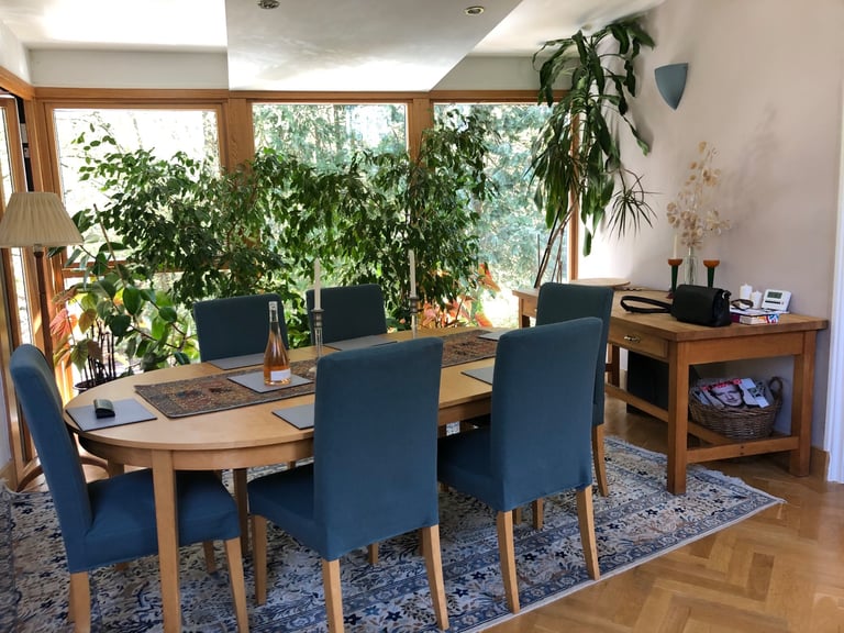 6 IKEA HENRIKSDAL dining chairs with sturdy solid wood frames and removable, washable slipcovers