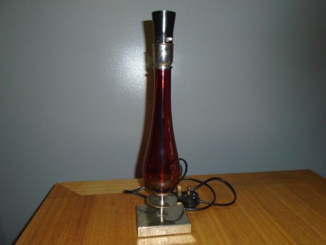 Vintage Ruby Coloured Glass & Metal Table Lamp