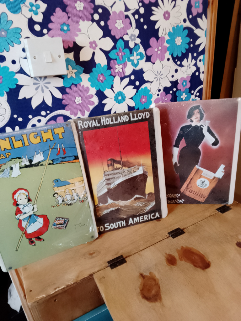 Vintage tin advertising signs, free standing. Unopened still in original plastic. Sold separately. 
