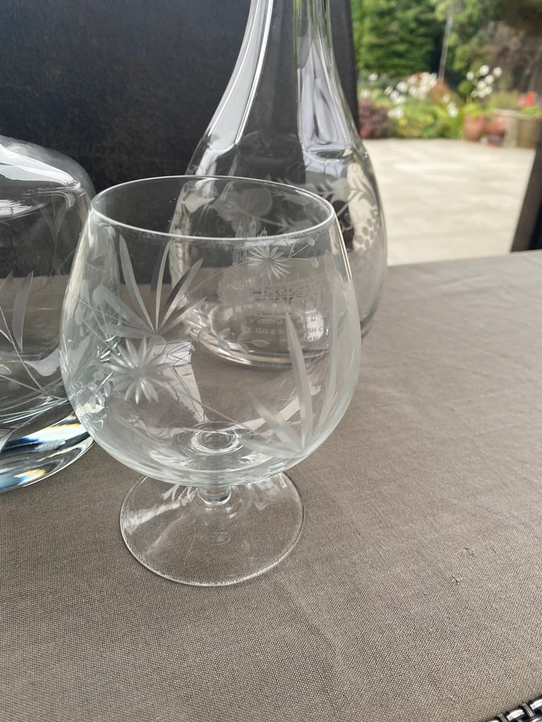 2 x beautiful Cut Glass decanters + one matching brandy balloon glass