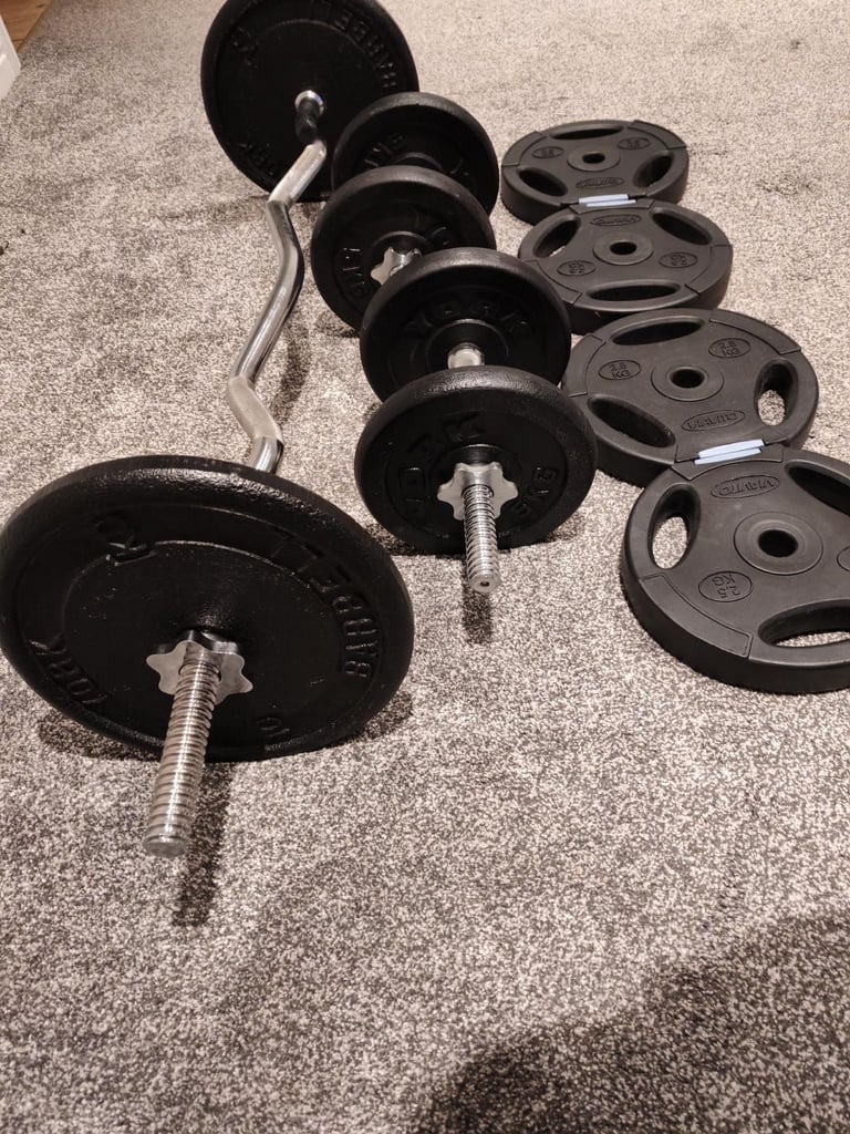 50kg of free weight, 2 x dumbbell bars, and 1 x curl bar