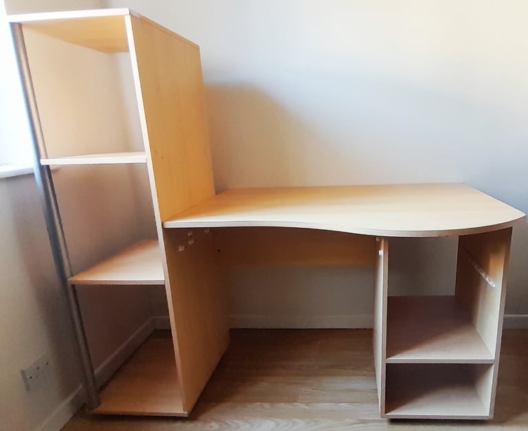 Wooden work desk with bookcase and shelves shelving storage home