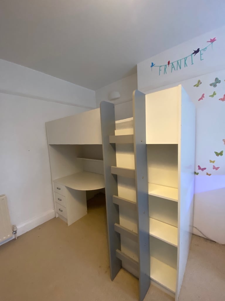 Calder high sleeper bed with desk, wardrobe and bookshelves 