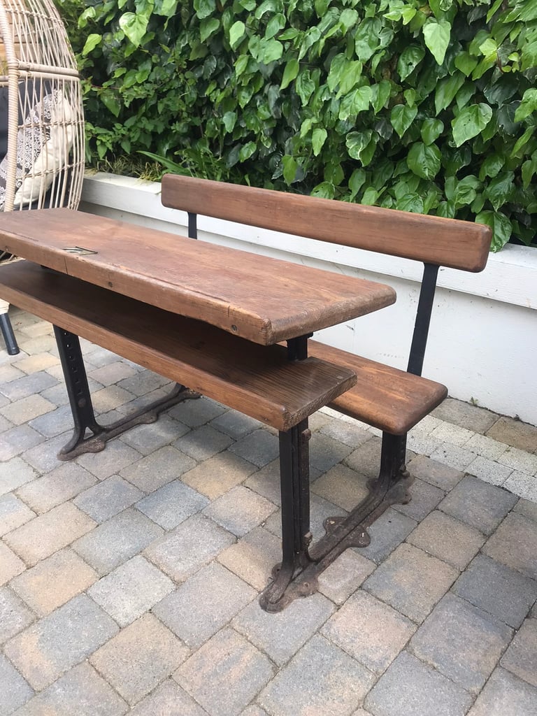 Antique solid oak and cast iron double school bench 