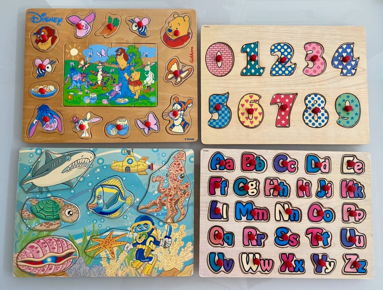 4 Wooden Kids Toddlers puzzles, first book of letters, shapes, numbers, words