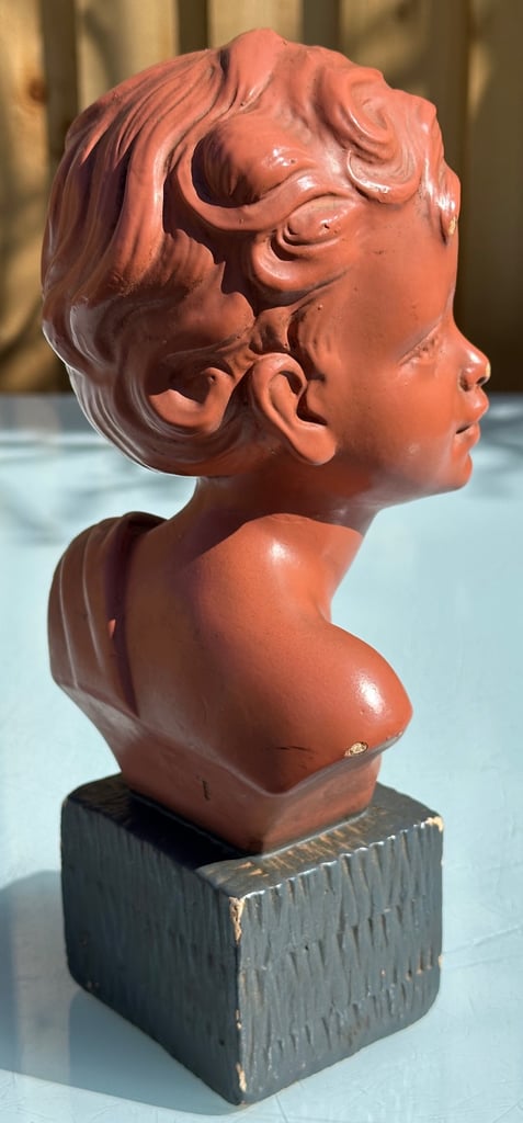 ANTIQUE FRENCH PLASTER BUST OF A YOUNG BOY, PAINTED CHALKWARE STATUE, 27cm tall - 1900s - WILL POST!