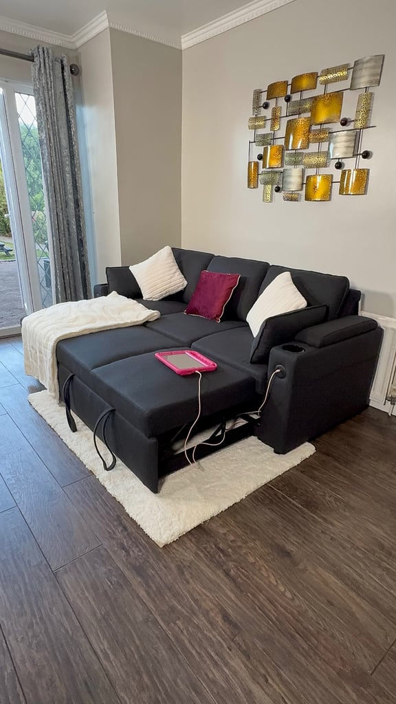 All-in-One Sofa Bed with USB, Cupholders, Ottoman & Storage Armrests.