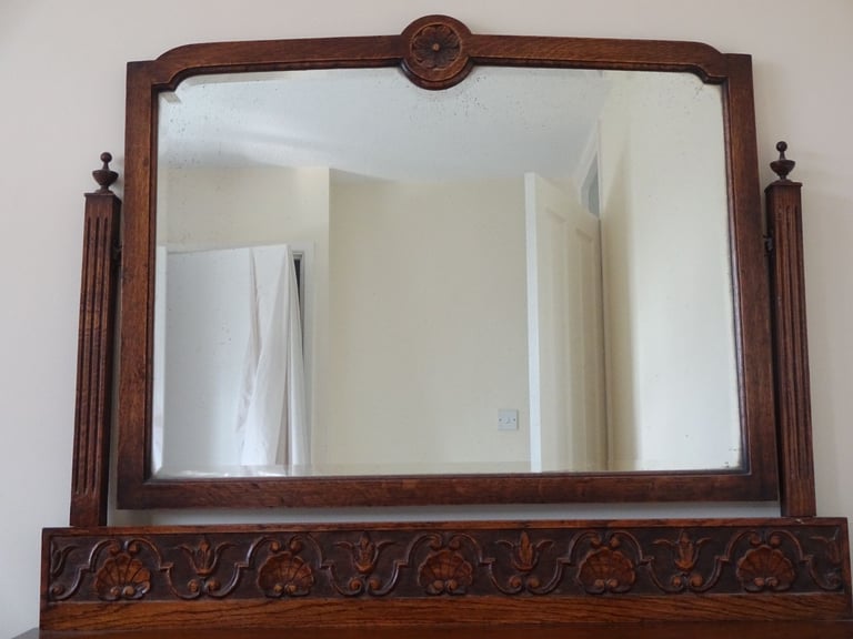 ANTIQUE OAK DRESSING TABLE & CARVED UPSTAND WITH REMOVEABLE MIRROR