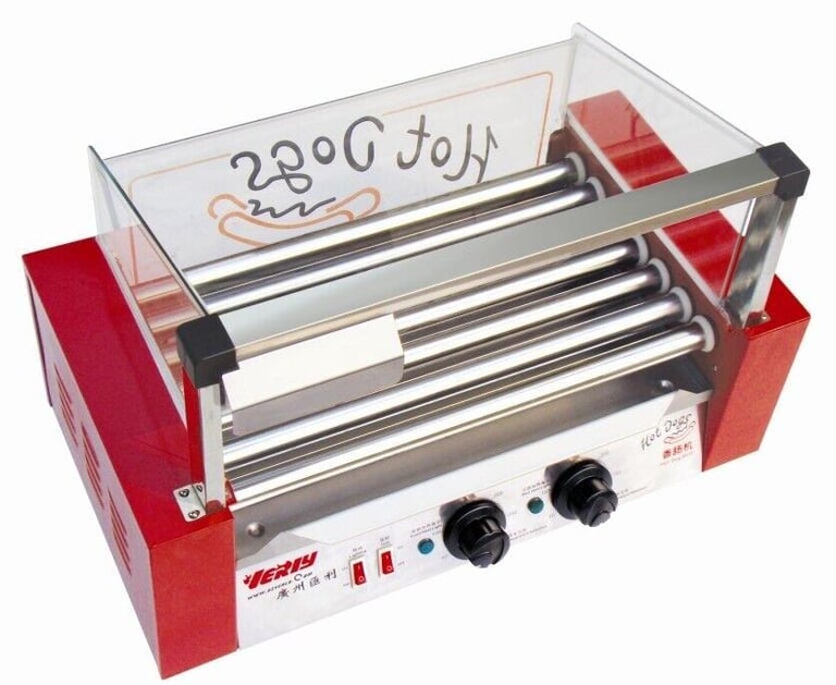 Red Commercial Hot Dog Grill - 7 rollers - stainless steel