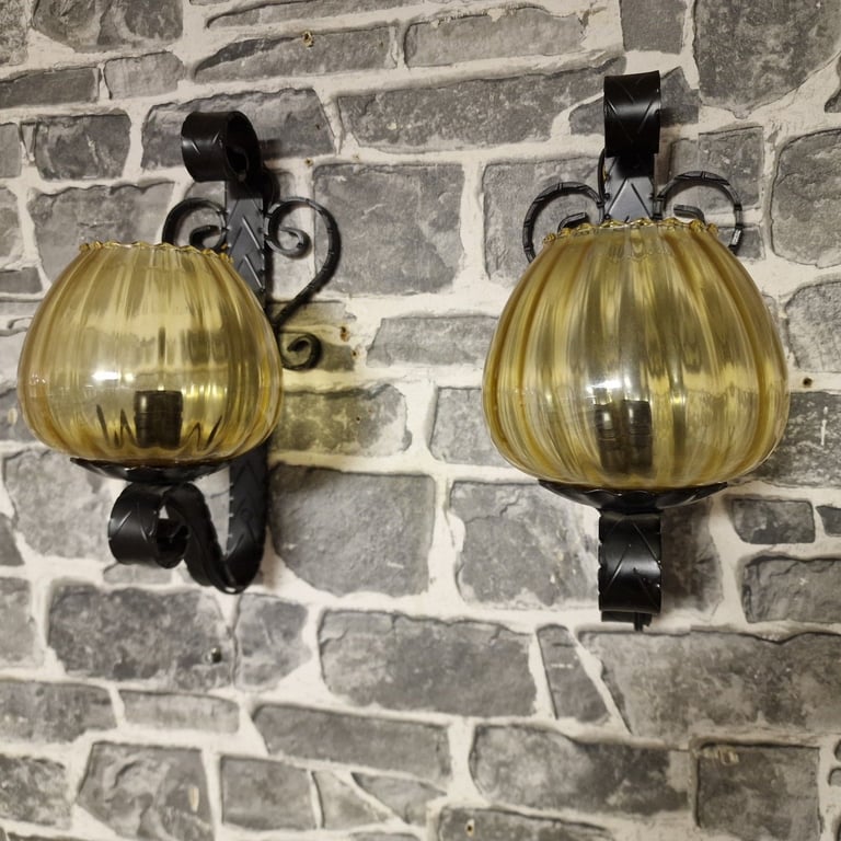 Pair of Vintage Wrought Iron Wall Sconces with Amber Glass Shades